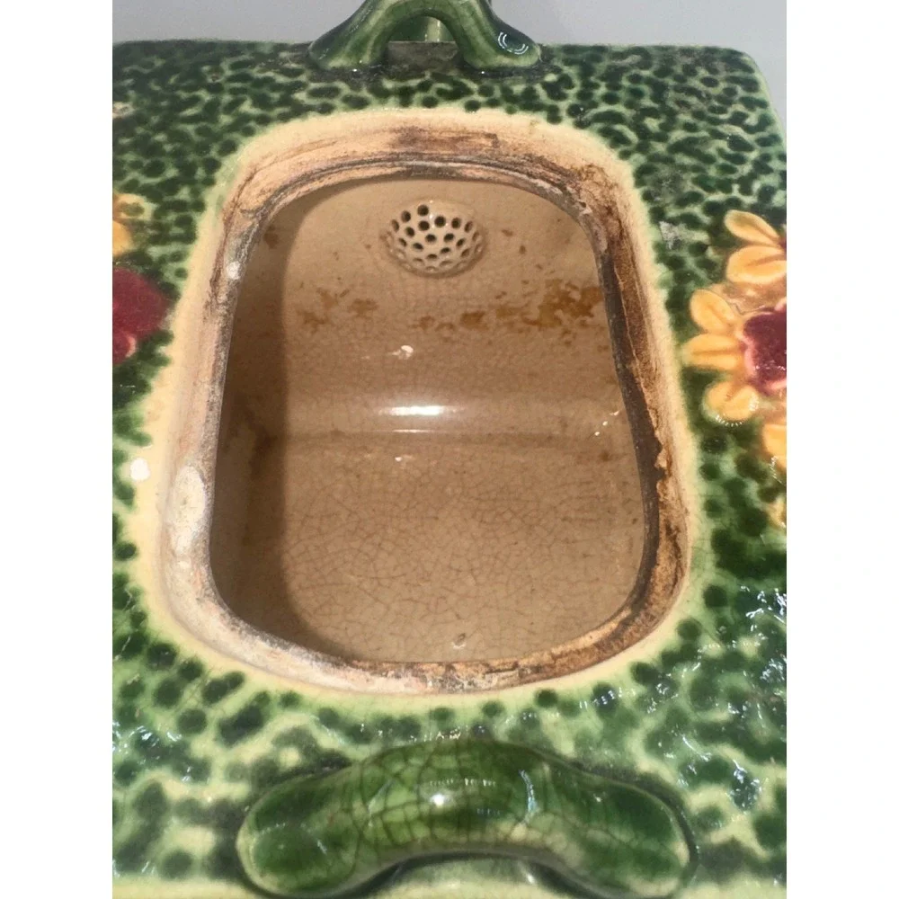 Vintage Japanese Square Ceramic Teapot Floral Majolica Style Green Made in Japan